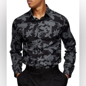 SLIM FIT SHADOW FLORAL PRINT BUTTON-UP SHIRT IN GREY MULTI